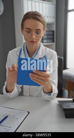 Woman doctor in clinic using tablet while seated at desk with documents, wearing glasses, focused on work, depicting modern healthcare environment and Stock Photo