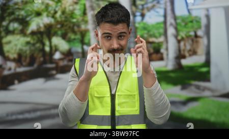 Young man in a reflective vest stands in a park with trees crossing fingers, appearing hopeful and determined in an outdoor setting. Stock Photo