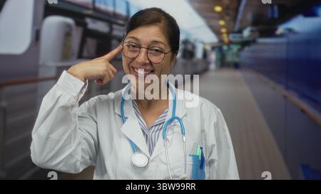 Middle aged hispanic woman doctor in white coat with stethoscope points finger to head on street; thinking. Stock Photo