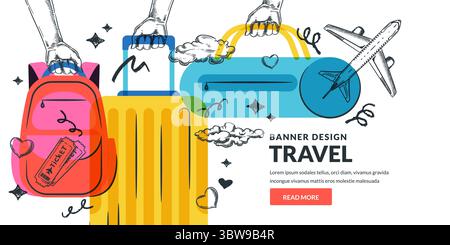 Travel and summer vacation concept. Vector sketch illustration of hands holding suitcase, bag, backpack, ticket and plane. Tourism banner, ads poster, Stock Vector