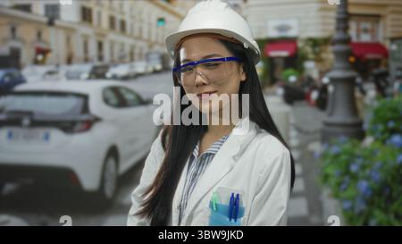 Young woman in a hardhat and lab coat stands confidently on a bustling street conveying professionalism and safety in an urban environment. Stock Photo