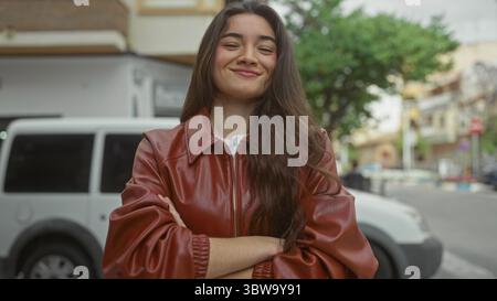 Woman wearing brown leather jacket with arms crossed on city street under overcast sky beside parked van; defiance. Stock Photo