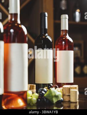 Wine bottles with blank labels standing on a counter with grapes and corks in a wine cellar Stock Photo