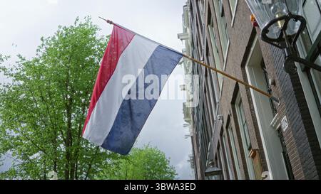 Netherlands flag waves against a historic amsterdam building facade with lush green trees under a cloudy sky, showcasing urban charm in a classic euro Stock Photo