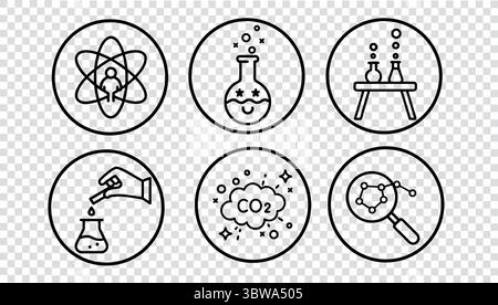 Kids chemistry icon set concept. Science experiments research lab in minimal outline style. Education science learning children book. Simple black Stock Vector