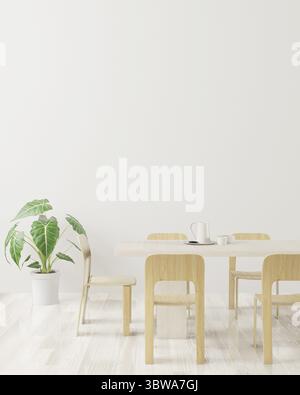 Dining room and table set copy space on white background, front view, white empty wall for mock up work, 3D rendering Stock Photo