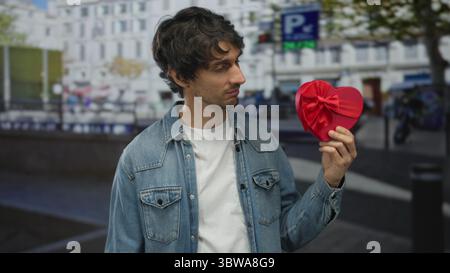 Young man holds red heart shaped gift box with finger pointing to gift on busy city street; romance. Stock Photo