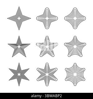 Set of Geometric Star Shapes Vector Illustration. A set of nine geometric star shapes designed with concentric line patterns. Stock Vector