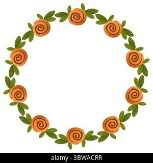 Vector round frame of cinnamon buns, mugs with hot drink, cinnamon, wreath. Illustration isolated on white background. Stock Vector