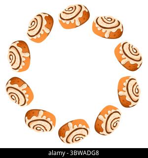 Vector round frame of cinnamon buns, mugs with hot drink, cinnamon, wreath. Illustration isolated on white background. Stock Vector