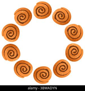 Vector round frame of cinnamon buns, mugs with hot drink, cinnamon, wreath. Illustration isolated on white background. Stock Vector