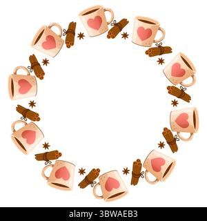 Vector round frame of cinnamon buns, mugs with hot drink, cinnamon, wreath. Illustration isolated on white background. Stock Vector