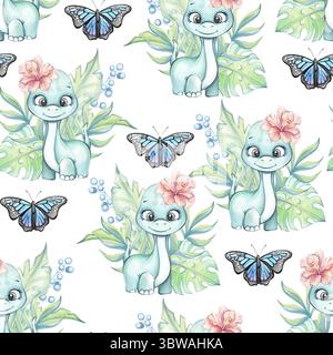 Watercolor seamless pattern background wallpaper featuring cute dinosaurs among tropical leaves and butterflies with floral accents Stock Vector