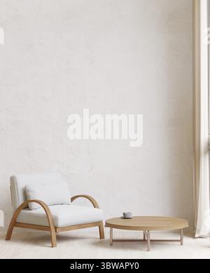 Big white living room.loft interior design, white chair, wooden table, concrete wall for mock up and copy space Stock Photo