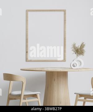 Dining room and kitchen, wooden table set copy space on white wall background, frame for mockup, front view Stock Photo
