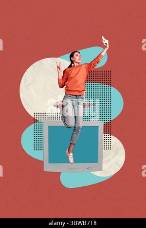 Image trend collage of person sit retro computer on color background Stock Photo