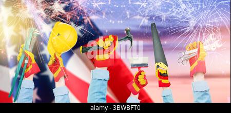 Set of hands mans workers holds different tools hammer, wrench, screwdriver, pliers against the backdrop of the American flag, sky and fireworks. Happ Stock Photo