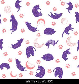 Mystical seamless pattern of cats in boho style, silhouette collection ...