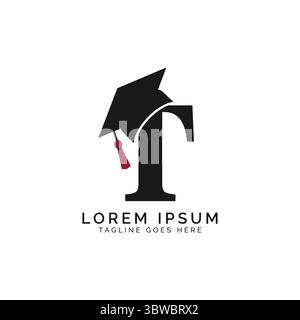 Letter T with Graduation Cap Logo. Alphabet T Education Hat icon Stock Vector