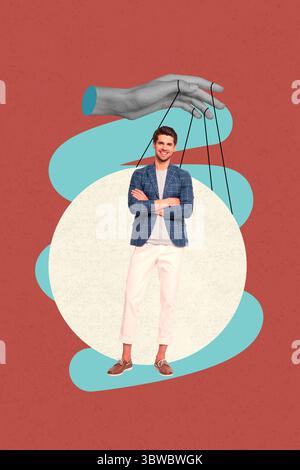 Collage banner of person stand under hand control with strings over color background Stock Photo