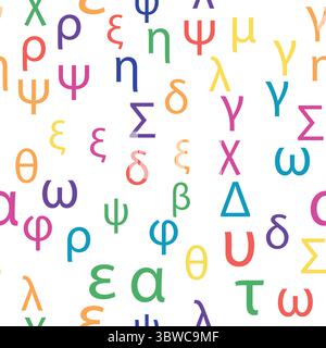 Seamless pattern Letters and symbols of the Greek alphabet. Bright Greek alphabet. Stock Vector