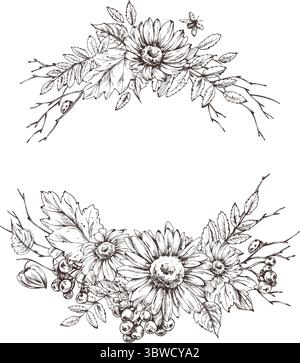 Wreath floral composition with autumn leaves, berries and wild flowers, made in the technique of linear graphics. Ideal for decorating seasonal Stock Vector