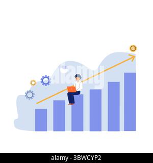 man sitting working at laptop on growing chart. Vector flat illustration suitable for data analysis, startup business launch, investment and other pur Stock Vector