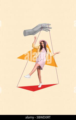 Poster trend collage of person stand under human hand control ropes on background Stock Photo