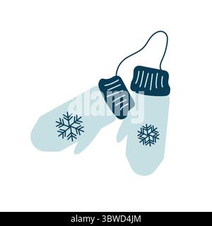 Blue knitted mittens with snowflake pattern. Cute, cozy and warm winter gloves. Vector illustration in doodle and flat style. Hand drawn element Stock Vector
