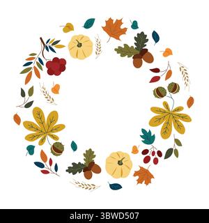 Round frame, wreath, garland, border with pumpkins, colorful autumn leaves, maple leaves, rowan, acorns and chestnuts. Vector illustration with place Stock Vector