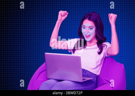 Creative full art collage of happy businesswoman sit beanbag hacking laptop scan verification app ai software protection id Stock Photo