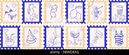 Mediterranean Postage Stamps set. la dolce vita aesthetics drawing. Isolated Vintage Summer beach Yellow blue Trendy vertical Posters Stamps Hand sket Stock Vector