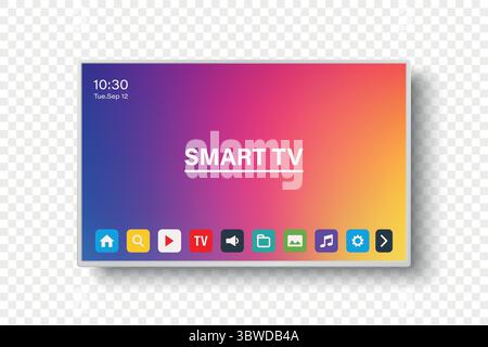 Vector 3d Realistic Smart TV Interface with Apps on Screen. Flat Smart Television Mockup with Remote App Icons, Colorful Home Media Display, Streaming Stock Vector