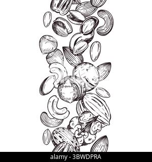 Vertical seamless border of nuts, macadamias, pecans, hazelnuts, almonds, pistachios, peanuts. All objects are hand-drawn in vector. For printing on Stock Vector