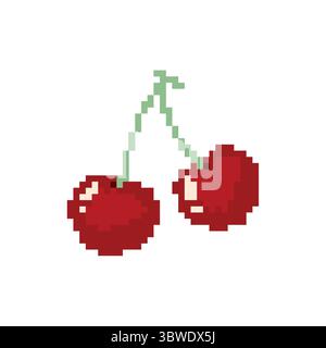 Pixel Art Double Cherry Cute 8-Bit Fruit Illustration for Summer, Game or Kawaii Design Stock Vector