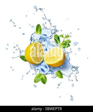 Water Splash With Mint Leaves, Ice Cubes And Slices Of Lemon Stock Photo