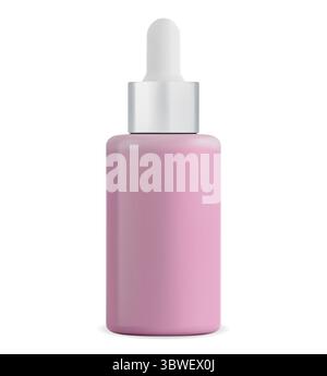 Dropper bottle, beauty care cosmetic product. Skin serum pipette bottle, aromatherapy oil treatment template. Pink glass package, facial vitamin moist Stock Vector