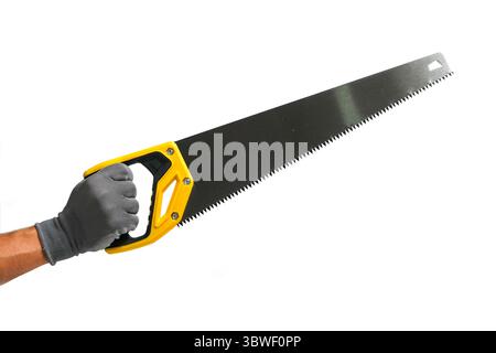Hand in gray glove holds hacksaw on white background Stock Photo