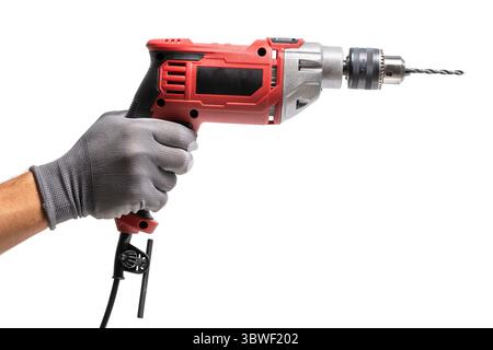Electric drill in hand isolated on white background Stock Photo