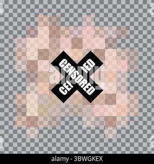 CENSORED pixel mosaic. Blurred content overlay. Black cross warning. Vector privacy filter. Stock Vector