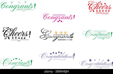 Colorful modern cheers and congratulations calligraphy word set for greeting card design Stock Vector