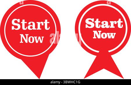 Bold red start now speech bubble label and pointer icon pack for digital promotion banners Stock Vector