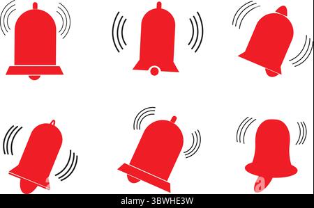 Red bell notification icons with sound signal waves vector for mobile app alert interface Stock Vector