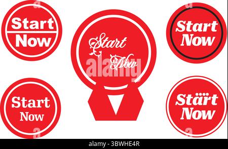 Minimal red start now speech pointer circle badge vector for digital advertising promotion Stock Vector