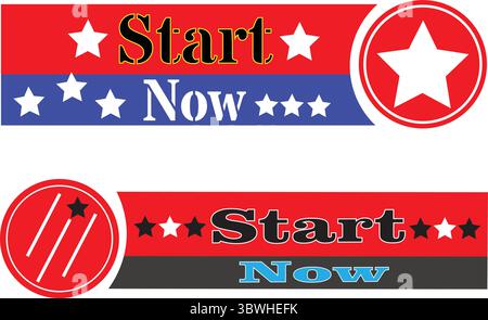 Colorful red white and blue retro start now banner label set for digital ads and promotions Stock Vector
