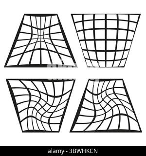 Distorted grid patterns. Abstract warped shapes. Geometric net designs. Vector graphic elements. EPS 10. Stock Vector