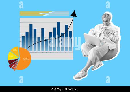 Mature female freelancer with laptop and business diagrams on blue background Stock Photo