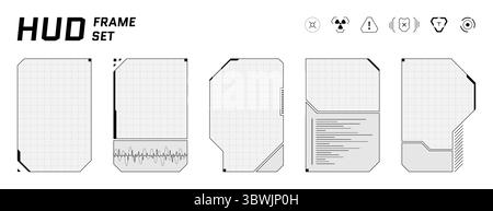 Hi tech cyberpunk HUD with transparent glass panels, square callouts and sleek digital frames. Abstract black and white UI creates a futuristic game or AI interface. Stock Vector