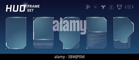 Glowing sci fi HUD with neon blue callouts, virtual charts and transparent screens. Modern cyber dashboard merges AI control panel with sleek digital game interface. Stock Vector