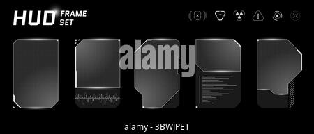 Futuristic HUD window with minimal vector shapes, square frames and cyberpunk monitor layout. Transparent interface blends tech callouts and sci fi dashboard design. Stock Vector